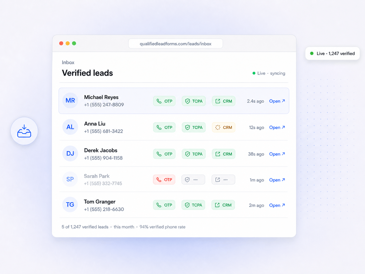 Live lead inbox with verification status